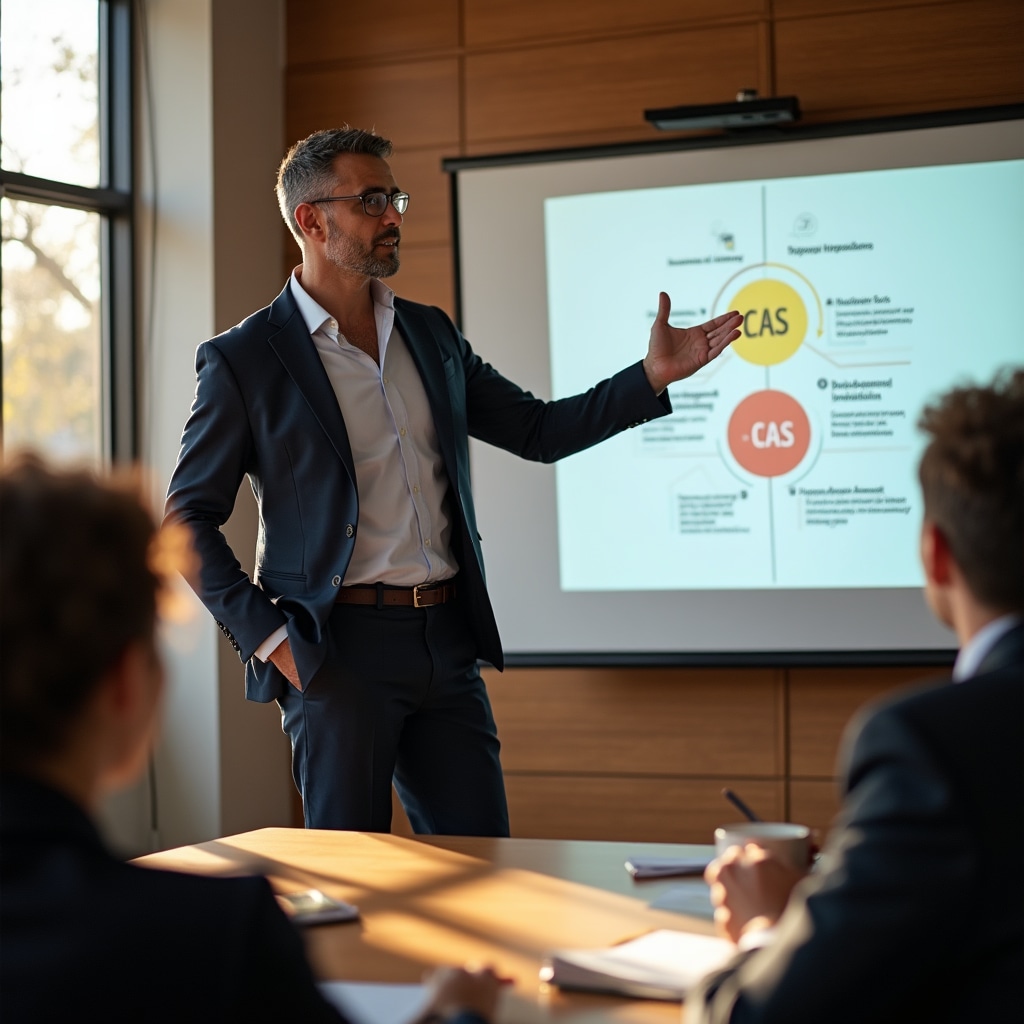 Facilitator prezentând concepte financiare echipei